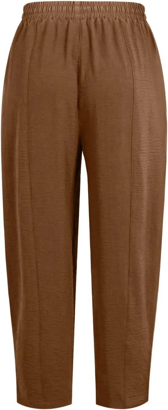 fanmpghleoo Linen Harem Pants Women with Pockets Drawstring Wide Leg Pirate Pants High Waisted Capri Joggers with Pockets