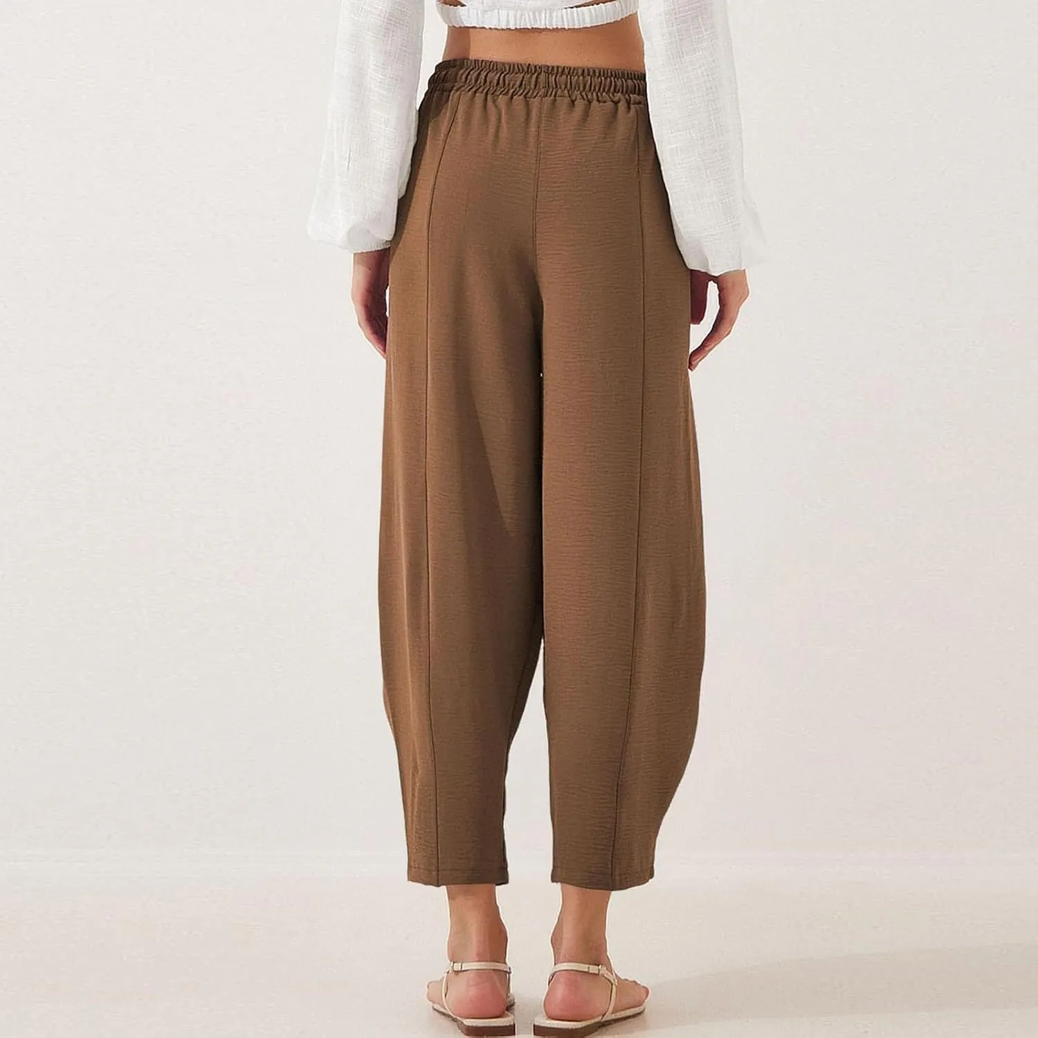 fanmpghleoo Linen Harem Pants Women with Pockets Drawstring Wide Leg Pirate Pants High Waisted Capri Joggers with Pockets
