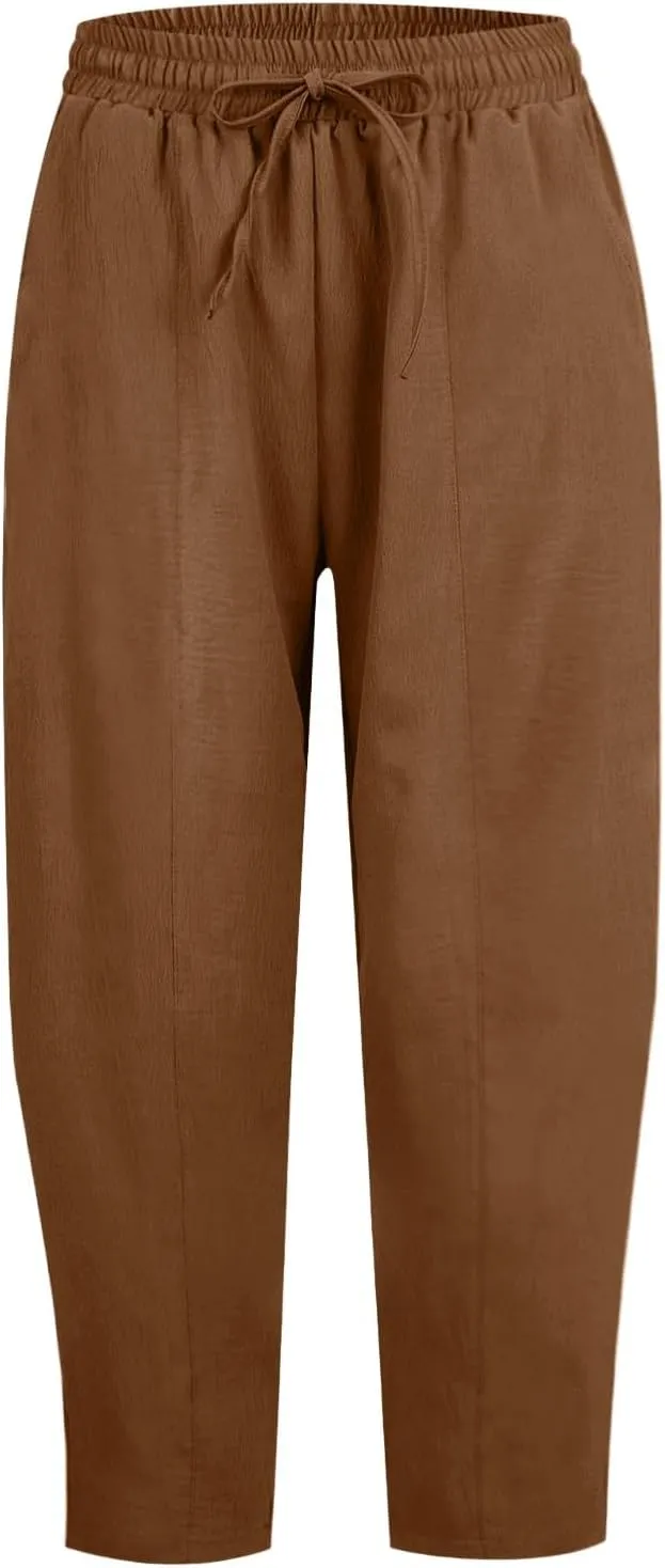 fanmpghleoo Linen Harem Pants Women with Pockets Drawstring Wide Leg Pirate Pants High Waisted Capri Joggers with Pockets