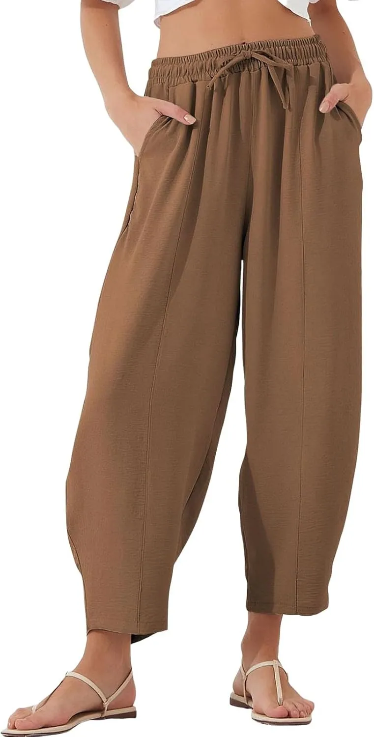 fanmpghleoo Linen Harem Pants Women with Pockets Drawstring Wide Leg Pirate Pants High Waisted Capri Joggers with Pockets