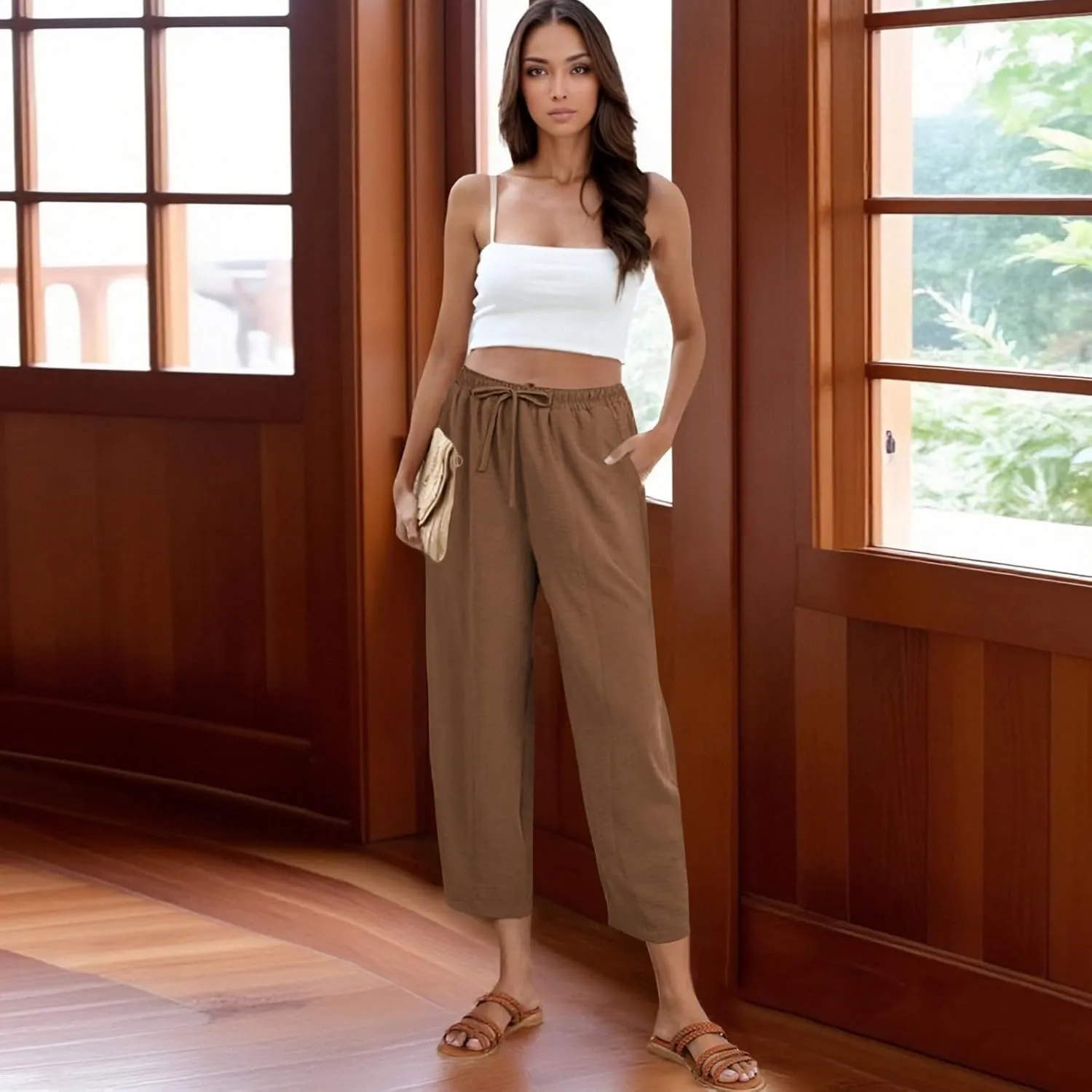 fanmpghleoo Linen Harem Pants Women with Pockets Drawstring Wide Leg Pirate Pants High Waisted Capri Joggers with Pockets