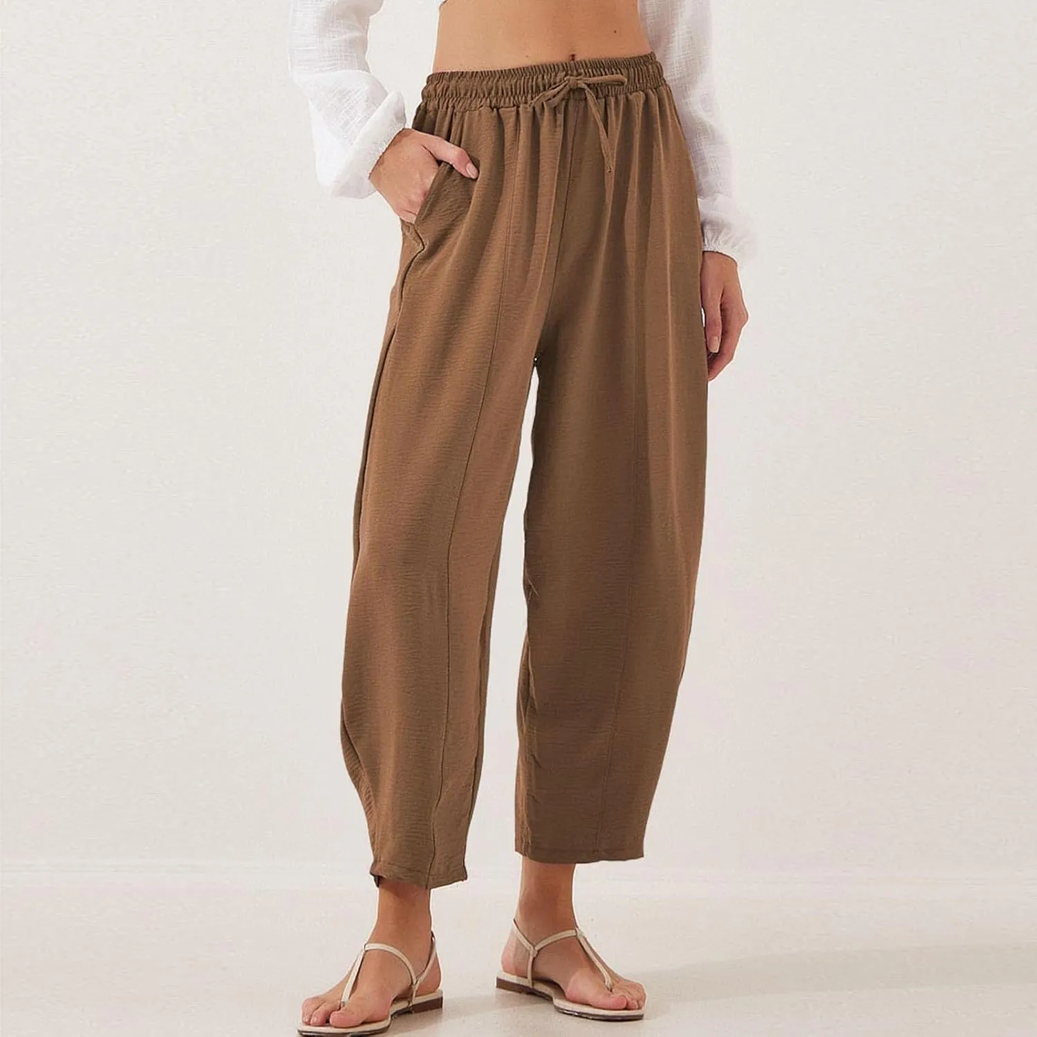 fanmpghleoo Linen Harem Pants Women with Pockets Drawstring Wide Leg Pirate Pants High Waisted Capri Joggers with Pockets