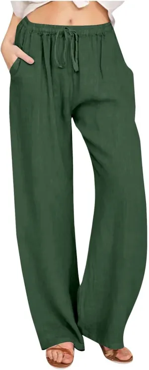 fanmpghleoo Womens Linen Pants Summer Casual Loose Wide Leg Pants Drawstring High Waisted Palazzo Pants Trousers with Pockets