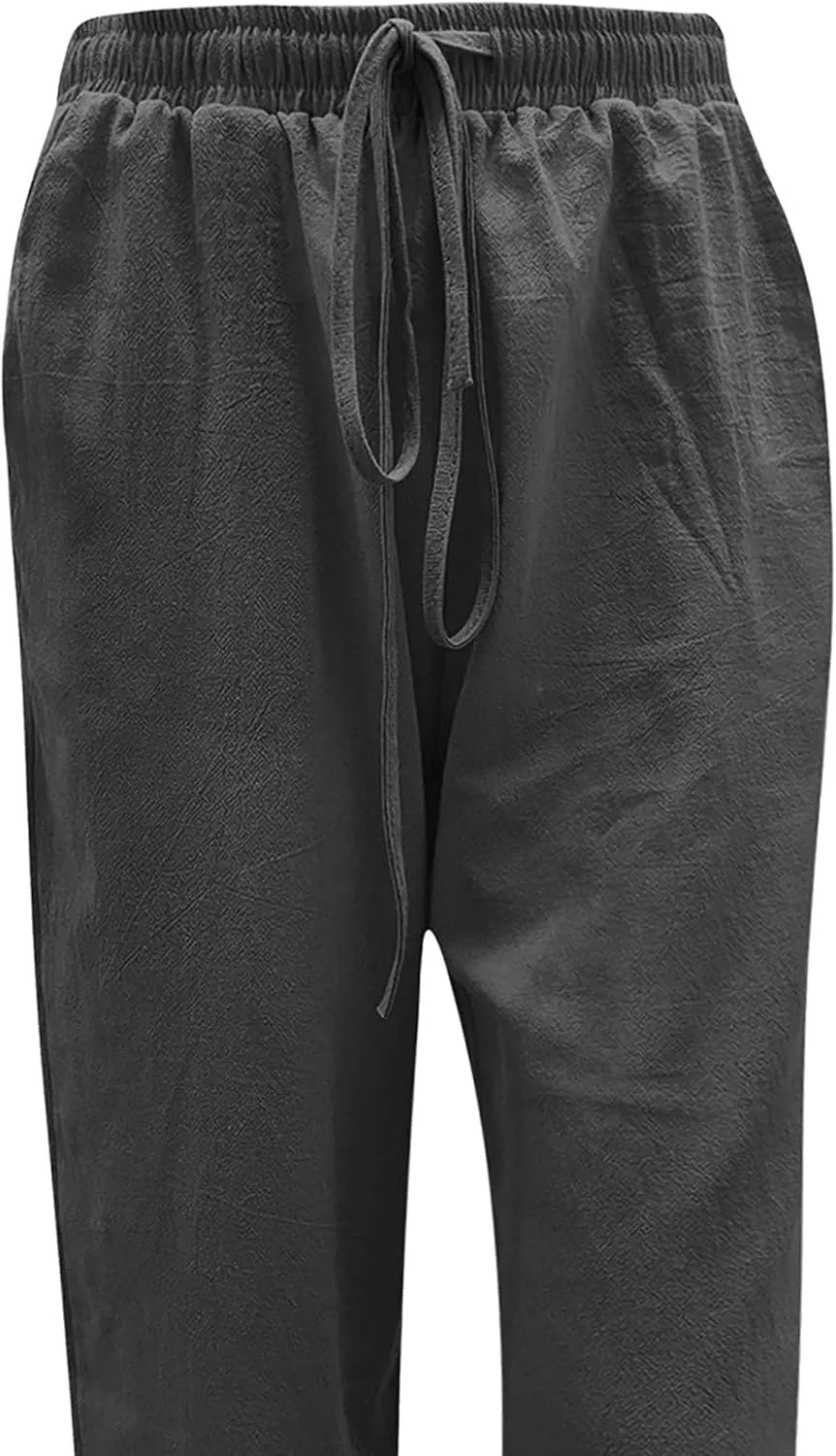 fanmpghleoo Womens Linen Pants Summer Casual Loose Wide Leg Pants Drawstring High Waisted Palazzo Pants Trousers with Pockets