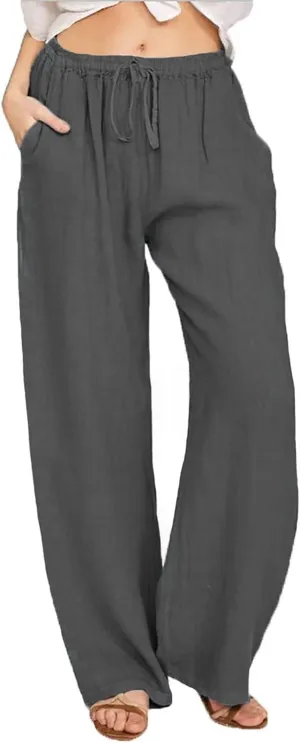fanmpghleoo Womens Linen Pants Summer Casual Loose Wide Leg Pants Drawstring High Waisted Palazzo Pants Trousers with Pockets