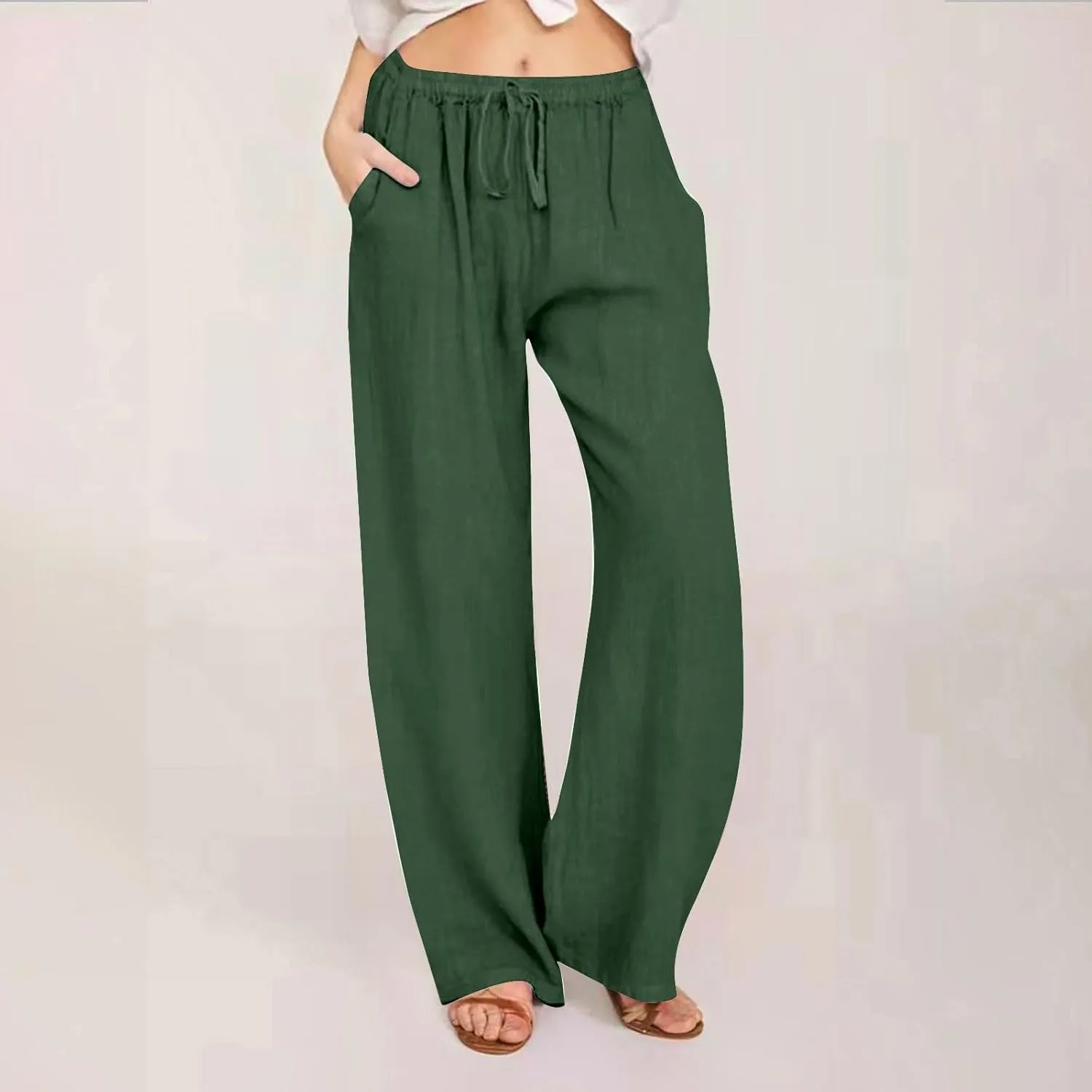 fanmpghleoo Womens Linen Pants Summer Casual Loose Wide Leg Pants Drawstring High Waisted Palazzo Pants Trousers with Pockets