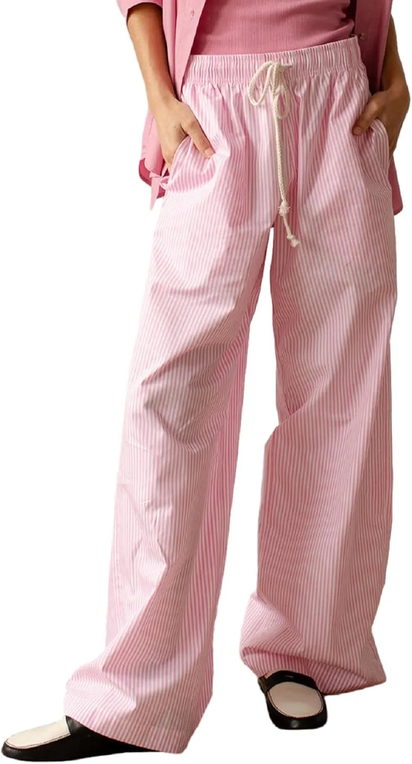Faretumiya Women Y2k Striped Pants Elastic High Waist Wide Leg Pants Loose Lounge Bottoms Sweatpants Streetwear