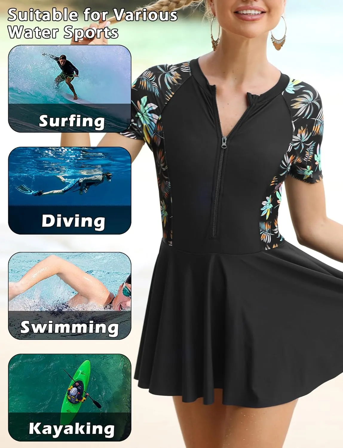 FEOYA Women's Short Sleeve Swimsuits Swim Dress 50  UPF Rash Guard Modest One Piece Swimwear with Skirt Bathing Suit