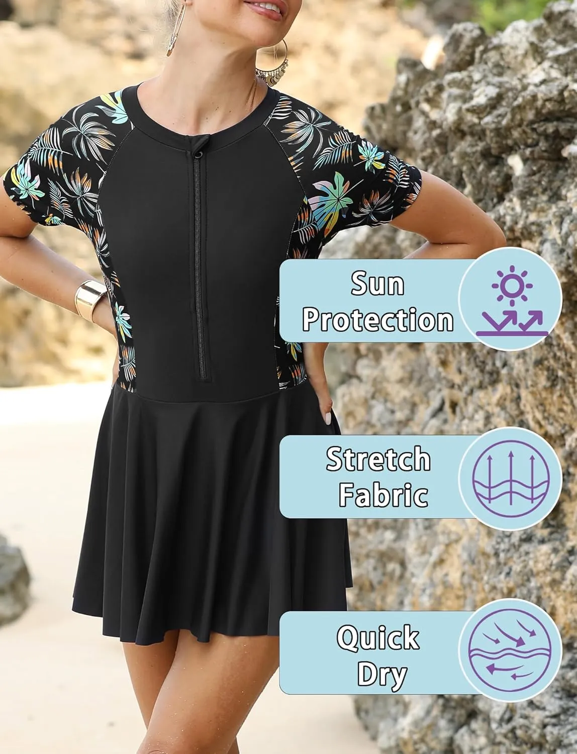 FEOYA Women's Short Sleeve Swimsuits Swim Dress 50  UPF Rash Guard Modest One Piece Swimwear with Skirt Bathing Suit