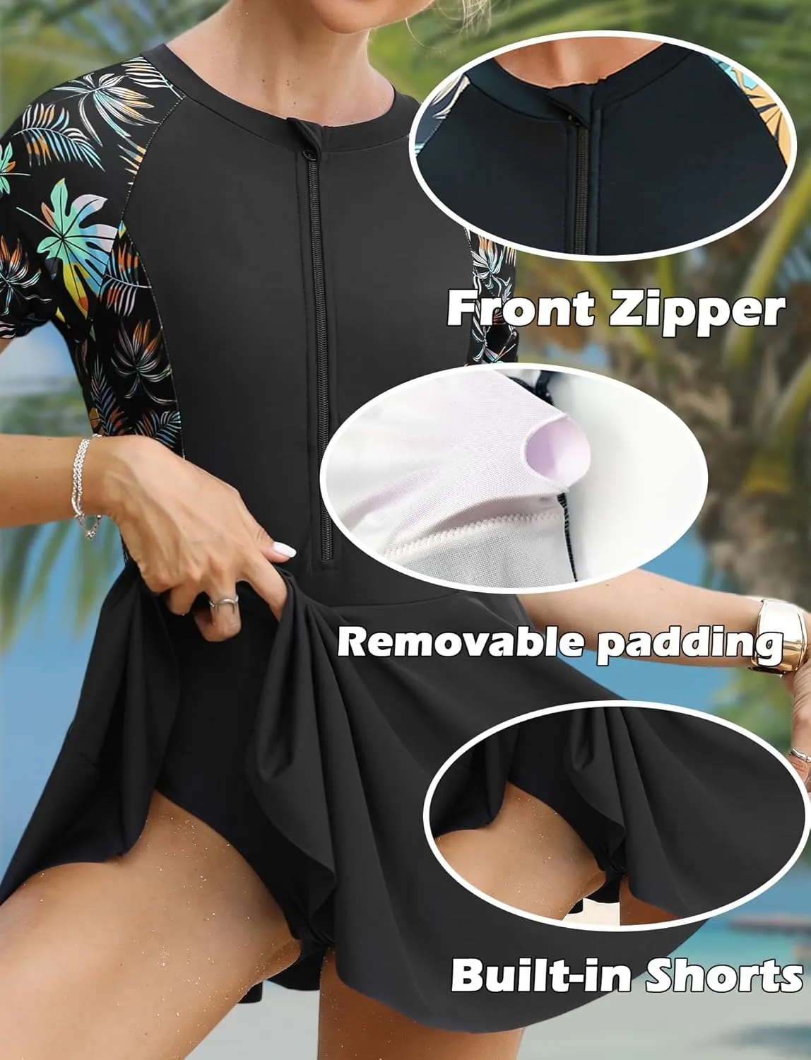 FEOYA Women's Short Sleeve Swimsuits Swim Dress 50  UPF Rash Guard Modest One Piece Swimwear with Skirt Bathing Suit