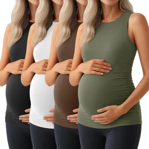Ficerd 4 Pack Women's Maternity Tank Tops, Side Ruched Sleeveless Pregnancy Shirts Summer Comfy Round Neck Maternity Vest Tee