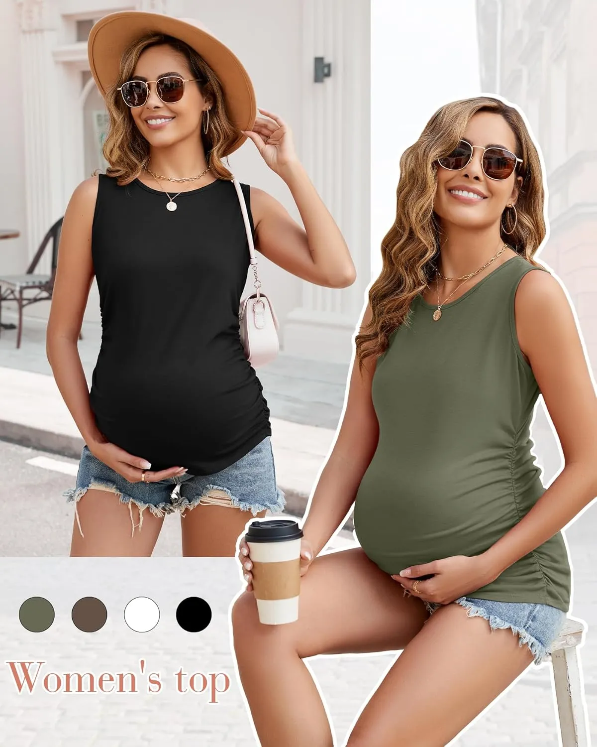 Ficerd 4 Pack Women's Maternity Tank Tops, Side Ruched Sleeveless Pregnancy Shirts Summer Comfy Round Neck Maternity Vest Tee