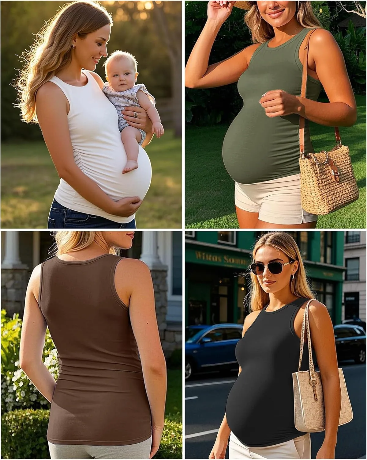 Ficerd 4 Pack Women's Maternity Tank Tops, Side Ruched Sleeveless Pregnancy Shirts Summer Comfy Round Neck Maternity Vest Tee