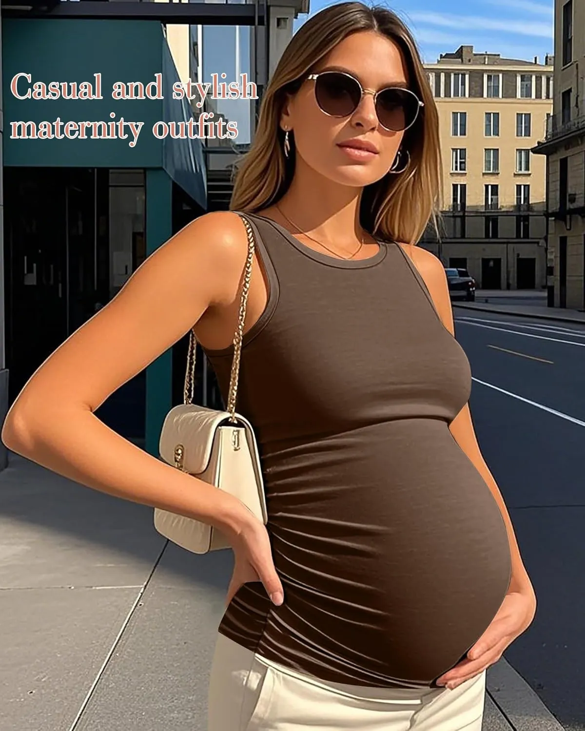 Ficerd 4 Pack Women's Maternity Tank Tops, Side Ruched Sleeveless Pregnancy Shirts Summer Comfy Round Neck Maternity Vest Tee