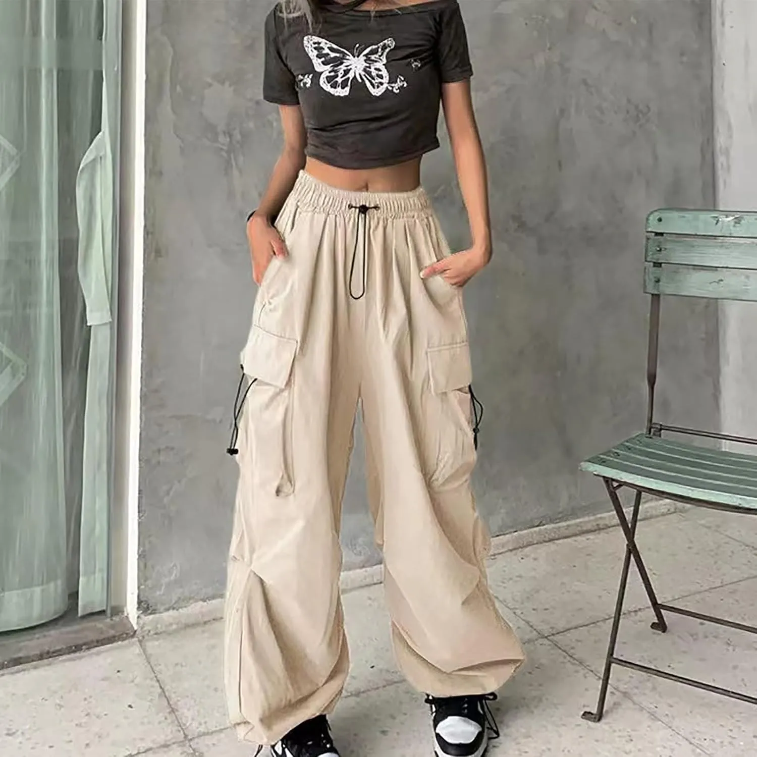 Firzero Cargo Pants for Women Wide Leg Parachute Sweatpants High Waisted Flowy Baggy Trousers 2024 Summer Trendy Y2k Pants