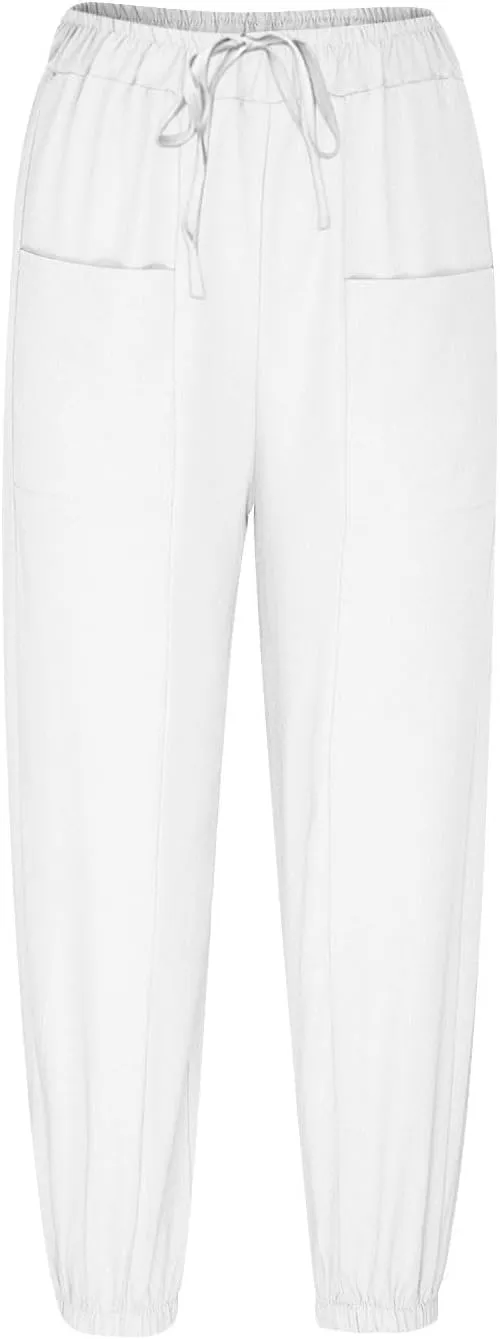 Firzero Linen Pants Women Petite Elastic High Waist Straight Leg Trousers Summer Flowy Botton Pants Comfy Loose Fit Slacks
