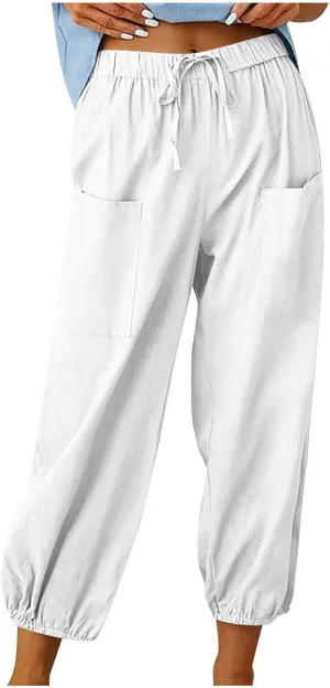 Firzero Linen Pants Women Petite Elastic High Waist Straight Leg Trousers Summer Flowy Botton Pants Comfy Loose Fit Slacks