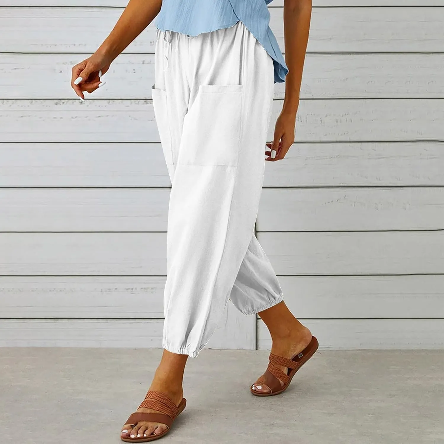 Firzero Linen Pants Women Petite Elastic High Waist Straight Leg Trousers Summer Flowy Botton Pants Comfy Loose Fit Slacks