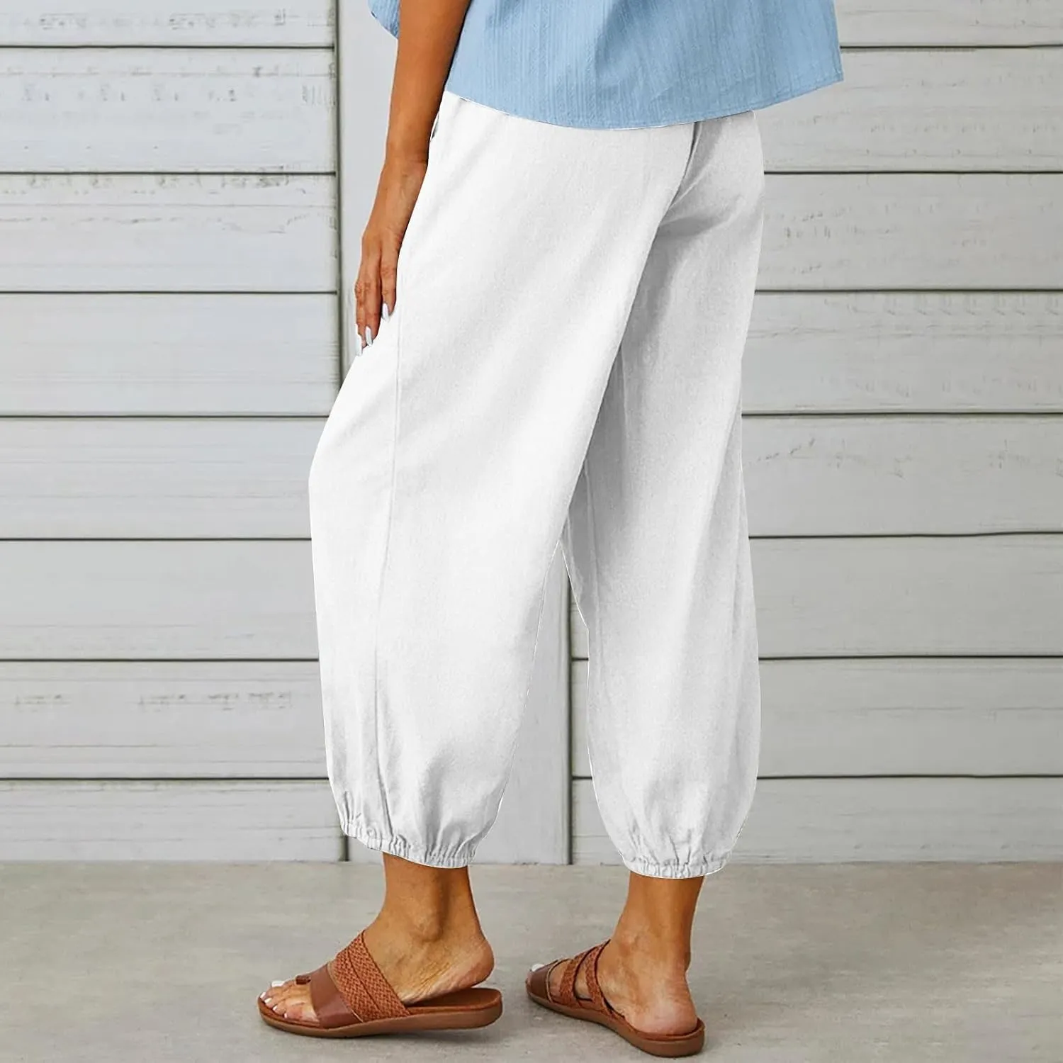 Firzero Linen Pants Women Petite Elastic High Waist Straight Leg Trousers Summer Flowy Botton Pants Comfy Loose Fit Slacks