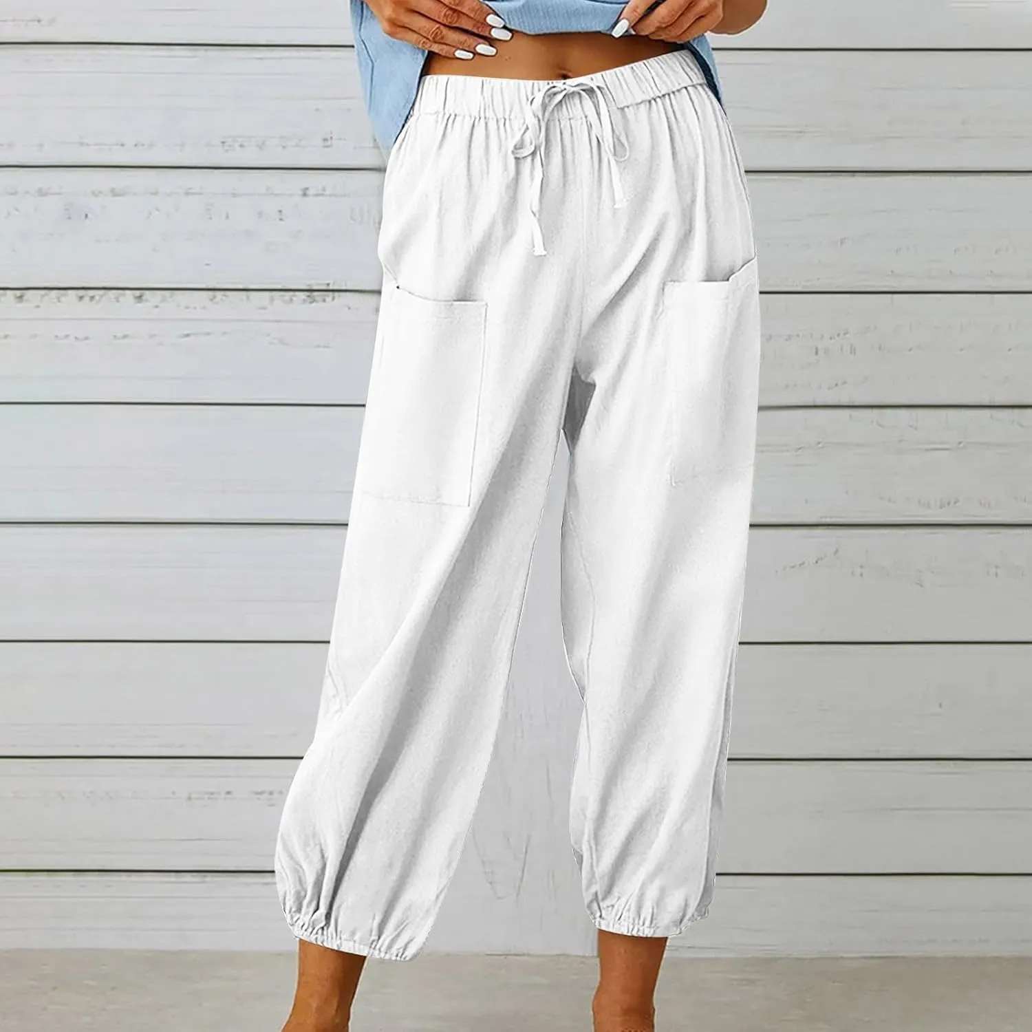 Firzero Linen Pants Women Petite Elastic High Waist Straight Leg Trousers Summer Flowy Botton Pants Comfy Loose Fit Slacks