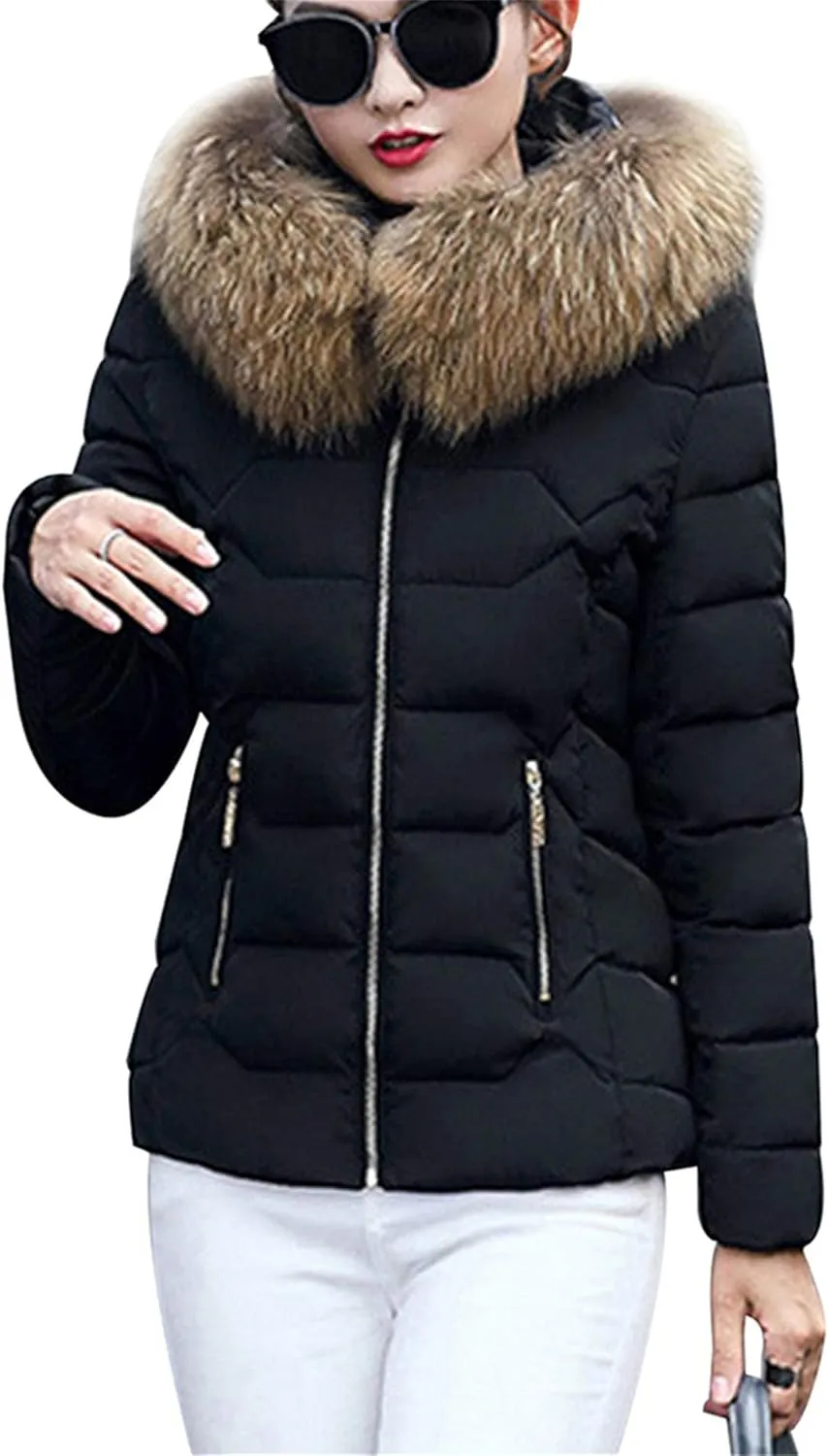 FLITAY Womens Long Sleeve Thicken Down Jacket Quilted Warm Parka Jackets With Faux Fur Hood