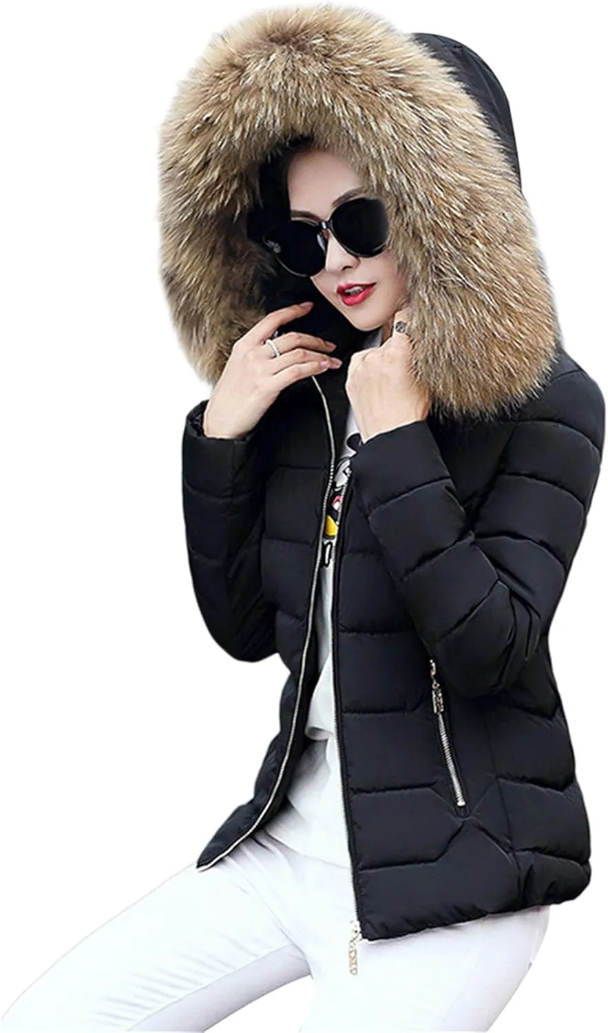 FLITAY Womens Long Sleeve Thicken Down Jacket Quilted Warm Parka Jackets With Faux Fur Hood
