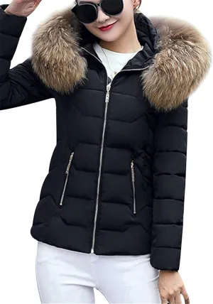 FLITAY Womens Long Sleeve Thicken Down Jacket Quilted Warm Parka Jackets With Faux Fur Hood