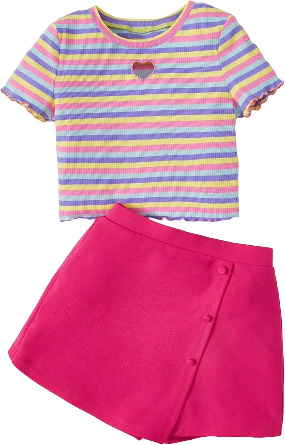Floerns Girl's 2 Piece Outfits Heart Cut Striped Lettuce Trim Tee and Button Front Wrap Hem Skort Skirts Shorts