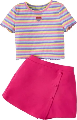 Floerns Girl's 2 Piece Outfits Heart Cut Striped Lettuce Trim Tee and Button Front Wrap Hem Skort Skirts Shorts