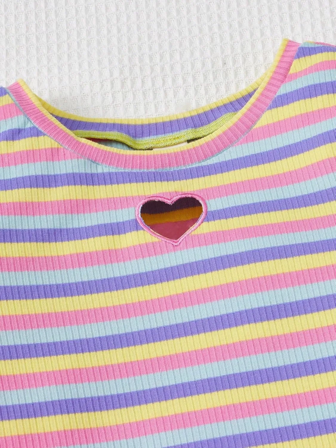 Floerns Girl's 2 Piece Outfits Heart Cut Striped Lettuce Trim Tee and Button Front Wrap Hem Skort Skirts Shorts