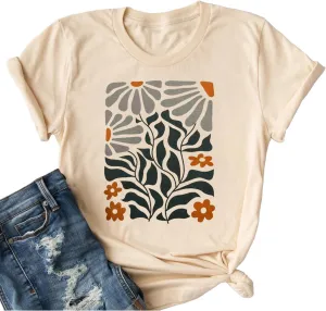 Floral Graphic Shirt Women Boho Wildflowers Tee Vintage Flower Tshirt Round Neck Loose Casual Short Sleeve Tops