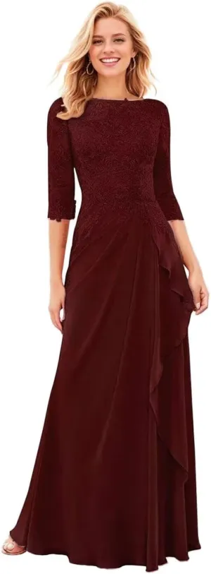 Floral Mother of The Bride Dresses for Wedding 3/4 Sleeves Lace Chiffon Ruffles Formal Dress for Women 2024