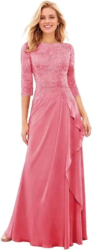 Floral Mother of The Bride Dresses for Wedding 3/4 Sleeves Lace Chiffon Ruffles Formal Dress for Women 2024