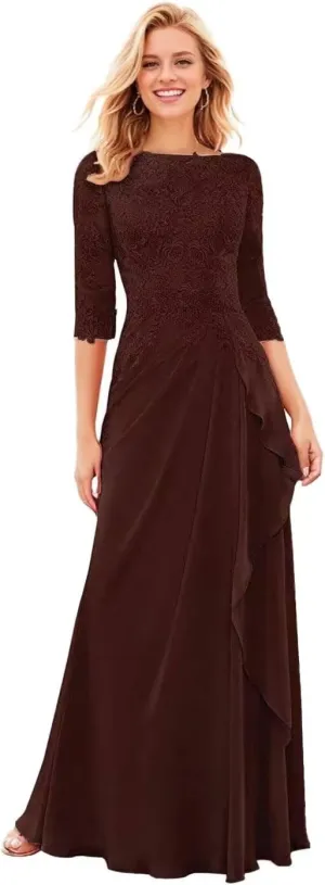 Floral Mother of The Bride Dresses for Wedding 3/4 Sleeves Lace Chiffon Ruffles Formal Dress for Women 2024