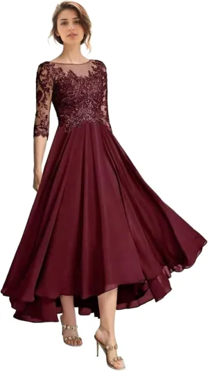 Floral Mother of The Bride Dresses for Wedding Tea Length 3/4 Long Sleeves Lace Formal Dress for Women 2025