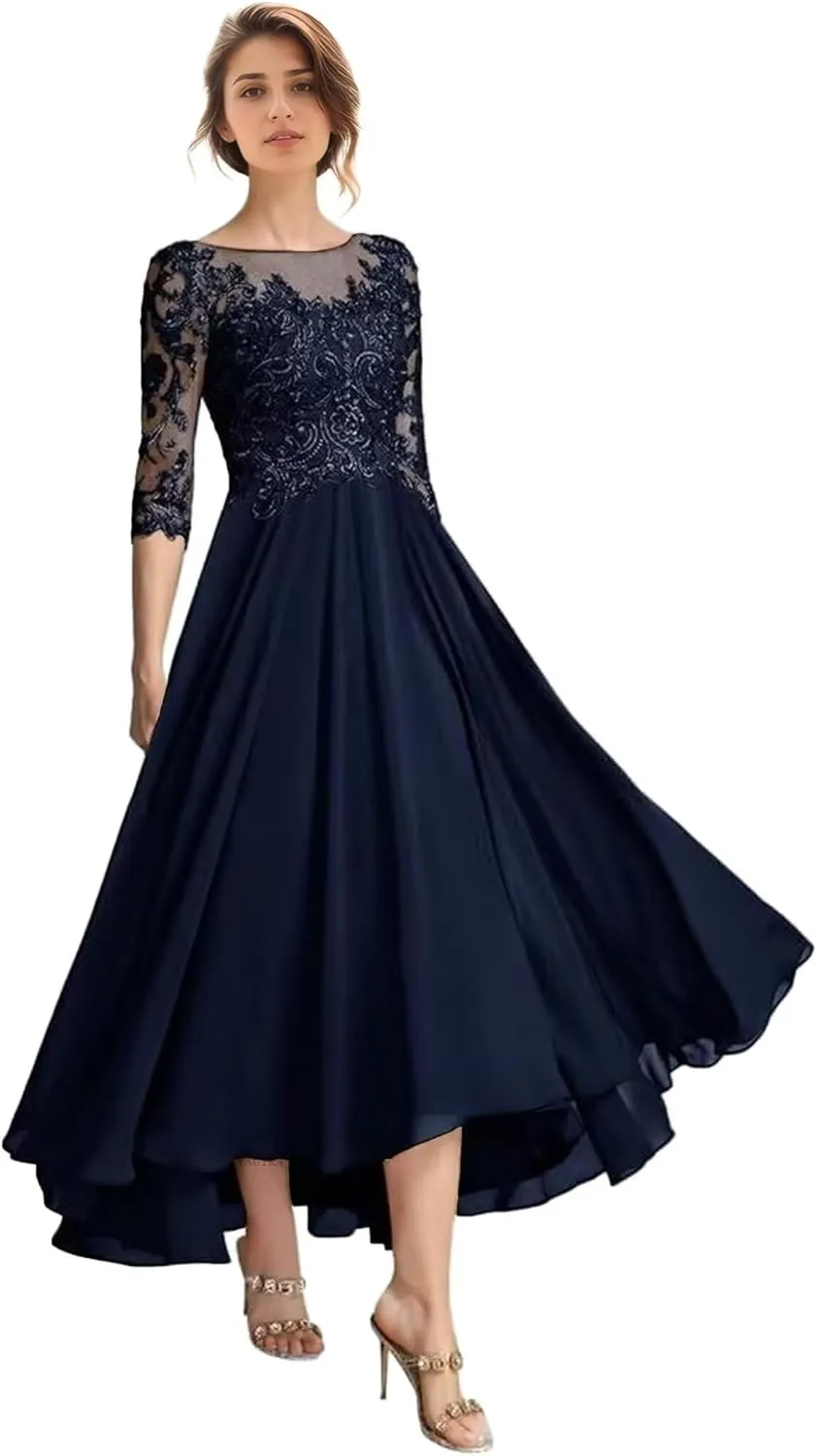 Floral Mother of The Bride Dresses for Wedding Tea Length 3/4 Long Sleeves Lace Formal Dress for Women 2025