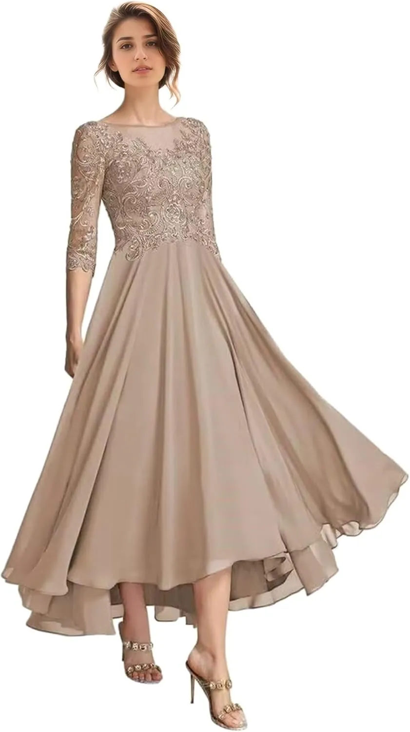 Floral Mother of The Bride Dresses for Wedding Tea Length 3/4 Long Sleeves Lace Formal Dress for Women 2025