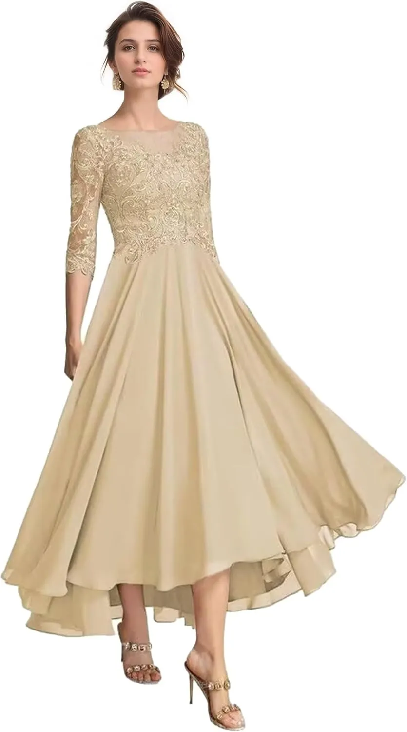 Floral Mother of The Bride Dresses for Wedding Tea Length 3/4 Long Sleeves Lace Formal Dress for Women 2025