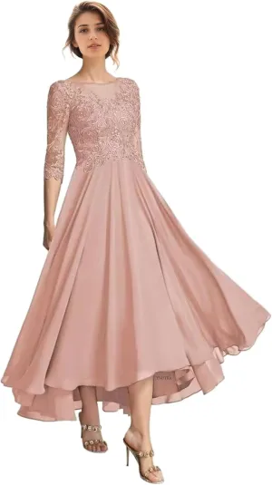 Floral Mother of The Bride Dresses for Wedding Tea Length 3/4 Long Sleeves Lace Formal Dress for Women 2025