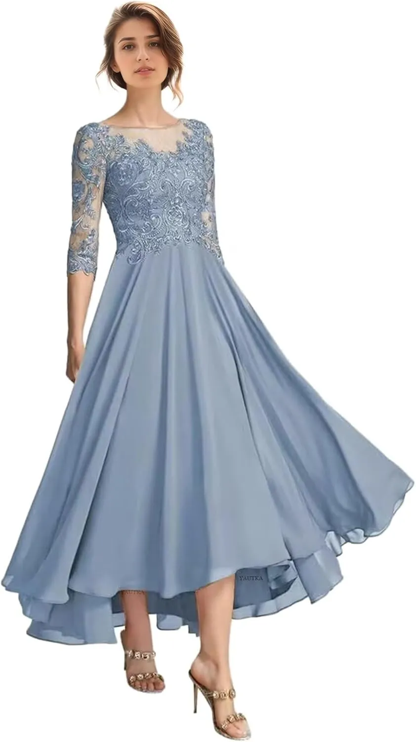 Floral Mother of The Bride Dresses for Wedding Tea Length 3/4 Long Sleeves Lace Formal Dress for Women 2025