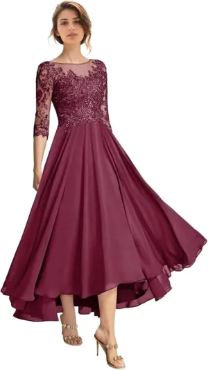 Floral Mother of The Bride Dresses for Wedding Tea Length 3/4 Long Sleeves Lace Formal Dress for Women 2025
