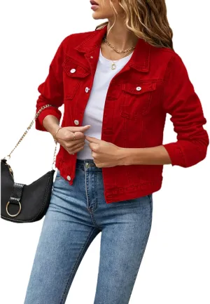 FOMOYUU Women's Cropped Denim Jacket Button Down Long Sleeve Vintage Casual Jean Coat Classic Trucker Jacket Outerwear