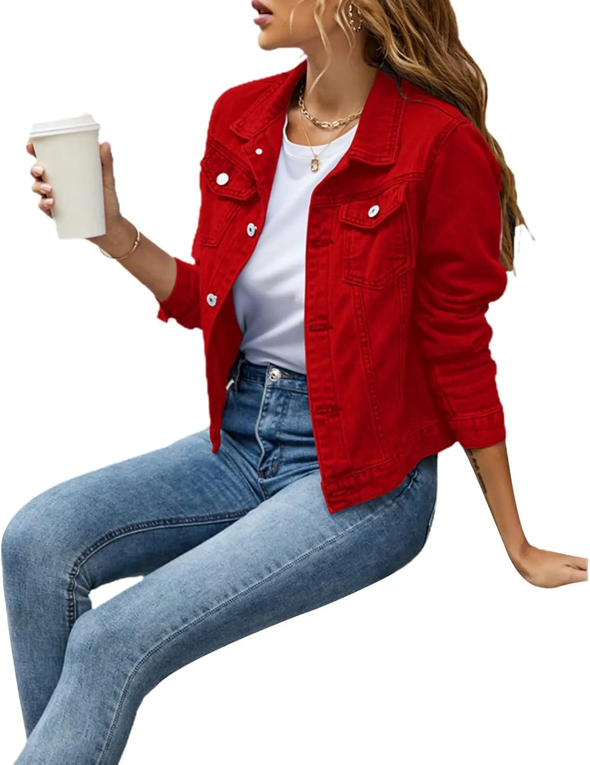 FOMOYUU Women's Cropped Denim Jacket Button Down Long Sleeve Vintage Casual Jean Coat Classic Trucker Jacket Outerwear