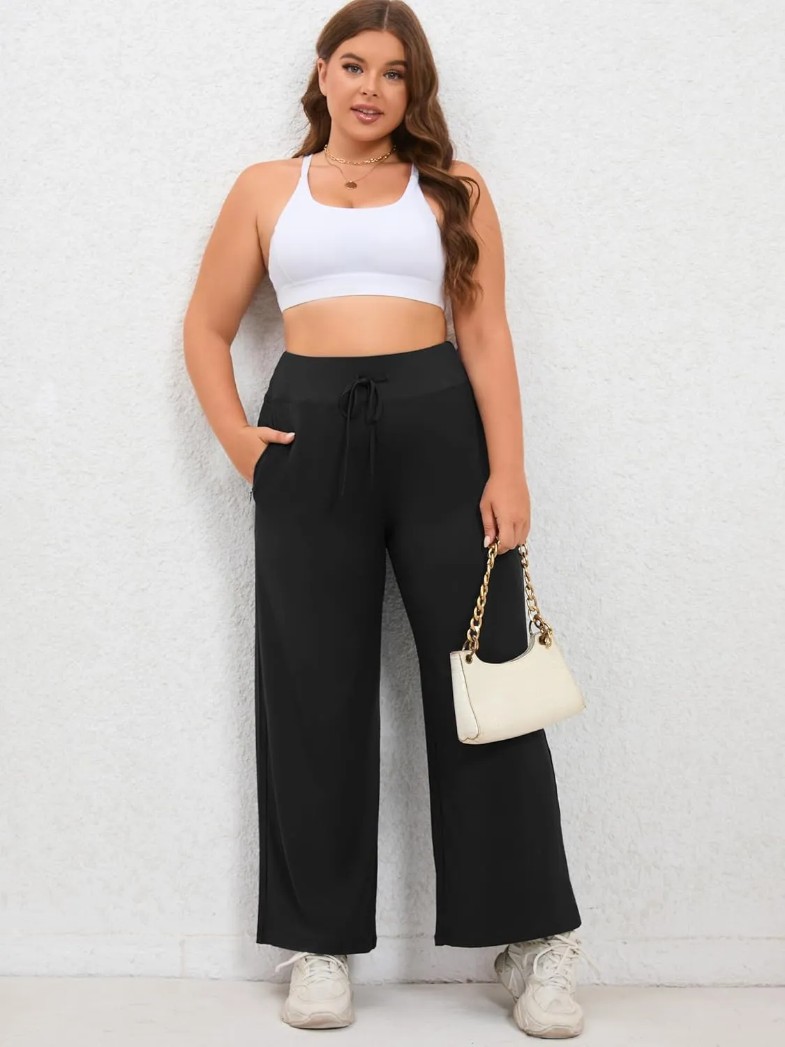 FOREYOND Plus Size Sweatpants for Women Wide Leg Yoga Pants Knit Workout Pants with Drawstring Pull-on Stretch Fabric