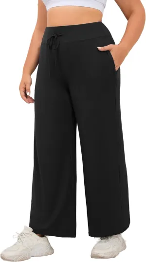FOREYOND Plus Size Sweatpants for Women Wide Leg Yoga Pants Knit Workout Pants with Drawstring Pull-on Stretch Fabric
