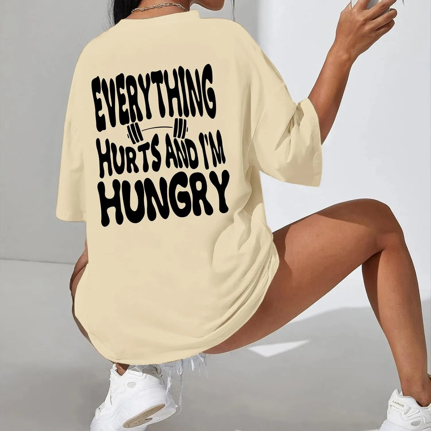 Funny Workout Gym Shirts Women Oversized Weightlifting Graphic Tshirt Everything Hurts and I'm Hungry Tee Tops