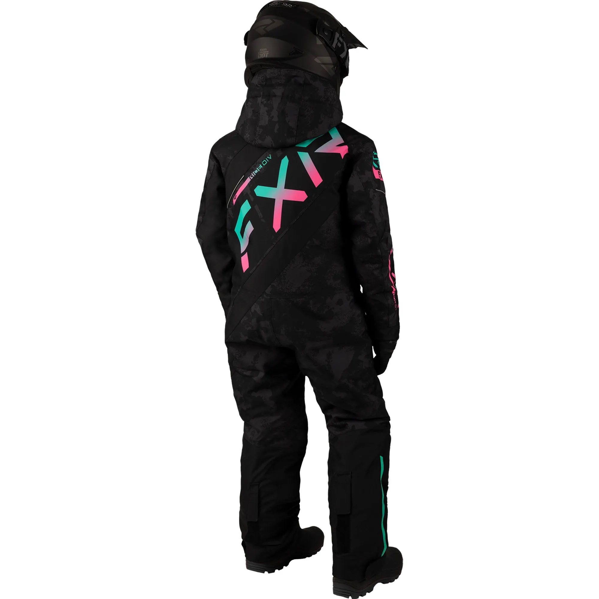 FXR Child CX Snowmobile Monosuit Black Camo/Mint-Electric Pink Fade