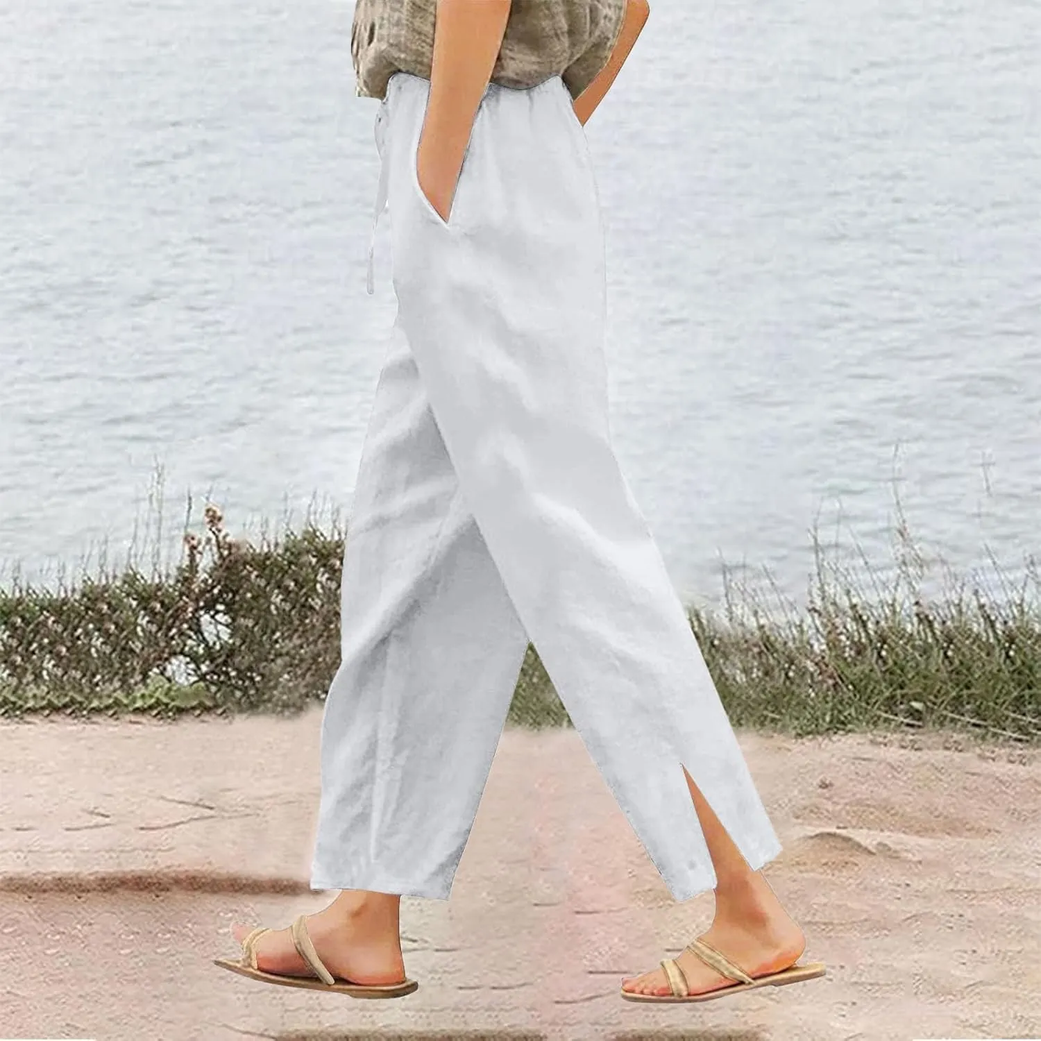 FZVYD Linen Pants for Women 2025 Summer High Waist Elastic Straight Leg Lounge Pant Casual Loose Lightweight Beach Trousers