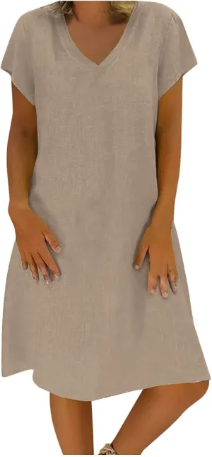 FZYLQY Womens Slim Dresses 2024 Ladies Summer Solid Cotton Linen Dress Short Sleeve V-Neck Dress Plus Size Mid-Calf Dress