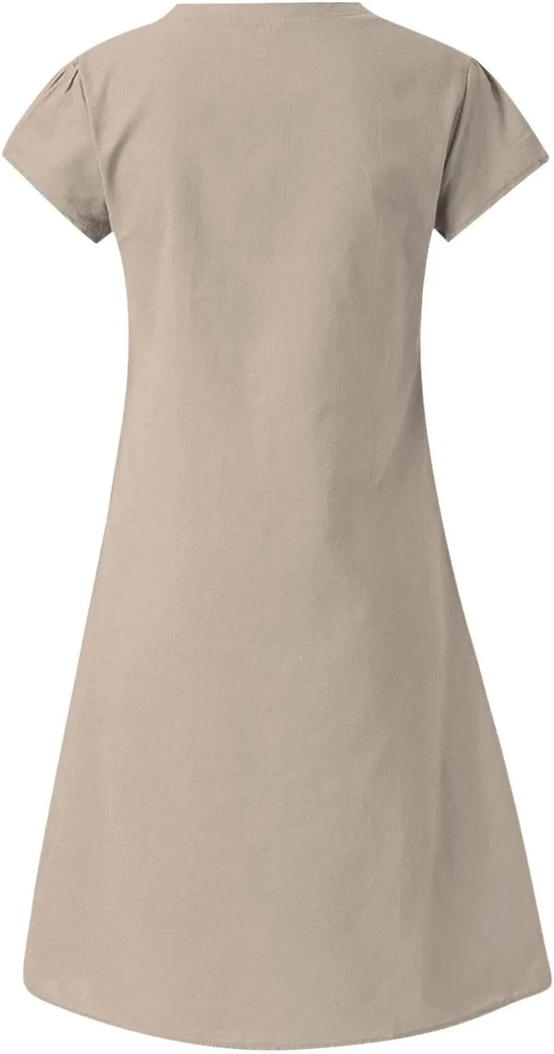 FZYLQY Womens Slim Dresses 2024 Ladies Summer Solid Cotton Linen Dress Short Sleeve V-Neck Dress Plus Size Mid-Calf Dress